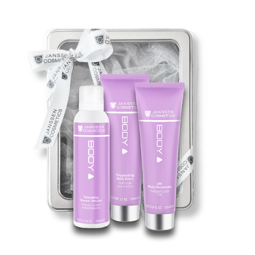 Refreshing Shower Mousse 200 ml + Oxygenating Body Scrub 150 ml + 24H Body Moisturizer 150 ml + tin box