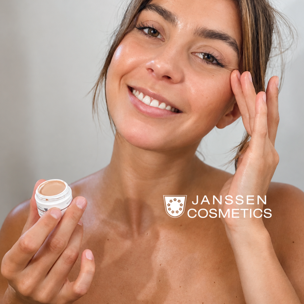 Donna sorridente che applica una crema Janssen Cosmetics sul viso